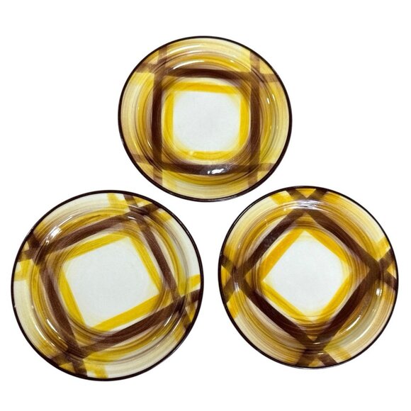 3 Vintage Metlox Vernon Ware Organdie Brown Yellow Plaid Salad Plates 6.2' - Picture 1 of 7